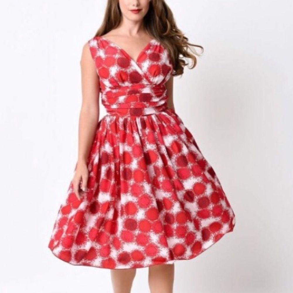 Queen of Heartz pin-up fit & flare sleeveless red white circles midi dress 2X